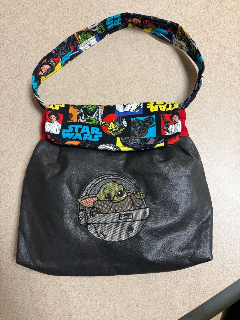 Custom Handmade Star Wars-Themed Gogru Black Faux Leather Shoulder Bag